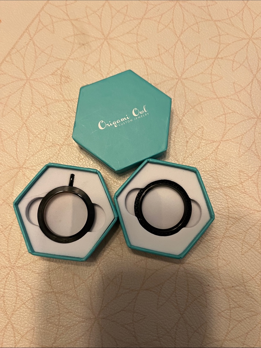 Origami Owl Black Circular Charm Lockets with Turquoise Boxes